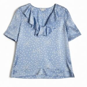 Worth Blue Silk Ruffle Blouse V Neck Floral Dot Print Short Sleeve Pullover 8